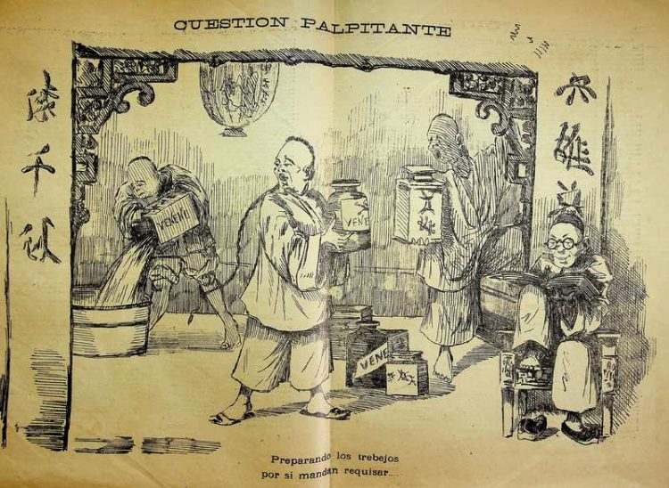Cartoon by Ignacio del Villar about restrictions imposed to the Chinese population in the Philippines in 1892.
El Asuang (Manila), IX, 10 March1892